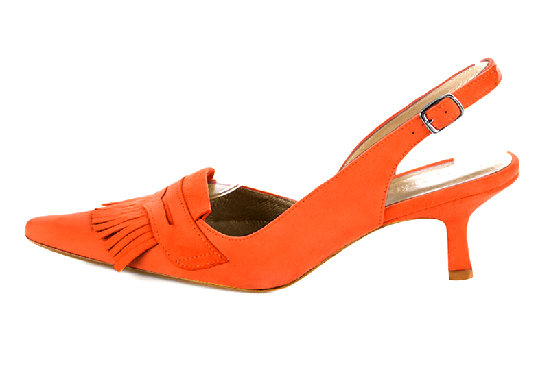 French elegance and refinement for these clementine orange dress slingback shoes, 
                available in many subtle leather and colour combinations. Fans of originality will appreciate the fringes and the "Offbeat Rock" side.
To be personalized or not, with your materials and colors.  
                Matching clutches for parties, ceremonies and weddings.   
                You can customize these shoes to perfectly match your tastes or needs, and have a unique model.  
                Choice of leathers, colours, knots and heels. 
                Wide range of materials and shades carefully chosen.  
                Rich collection of flat, low, mid and high heels.  
                Small and large shoe sizes - Florence KOOIJMAN